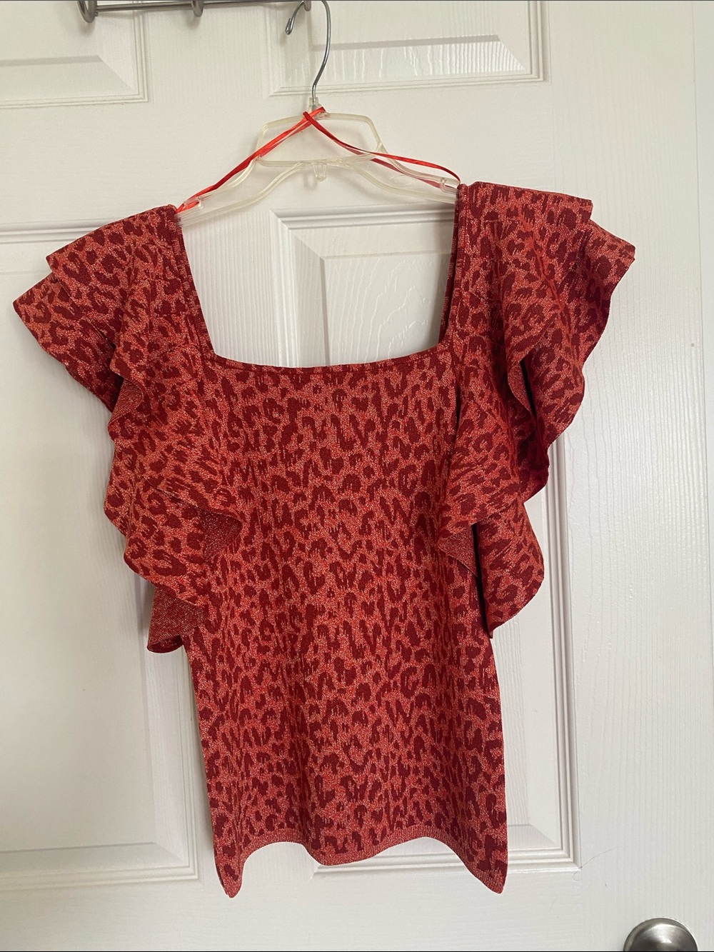 Metallic INC International Concepts Red Leopard Print Ruffle Sleeve Top